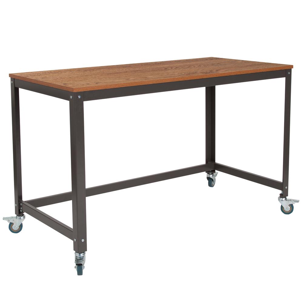 Computer Table and Desk in Brown Oak Wood Grain Finish with Metal Wheels. Picture 1