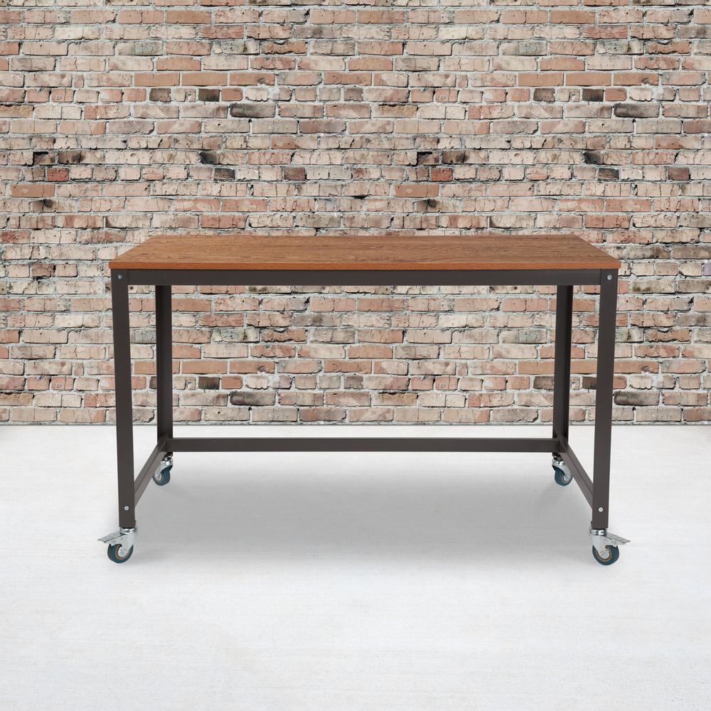 Computer Table and Desk in Brown Oak Wood Grain Finish with Metal Wheels. Picture 4