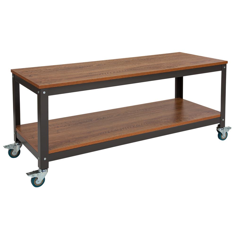 TV Stand in Brown Oak Wood Grain Finish with Metal Wheels. Picture 1