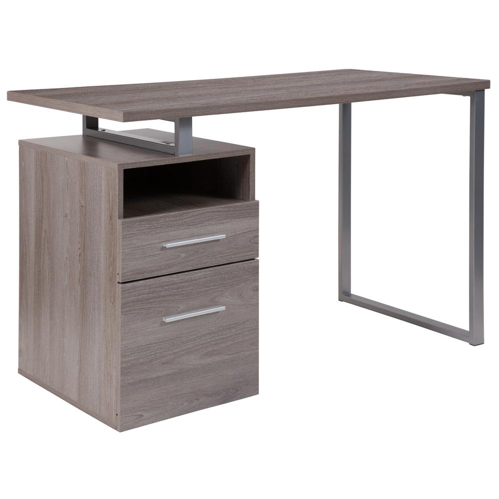 Light Ash Wood Grain Finish Computer Desk with Two Drawers and Silver Metal Frame. Picture 1