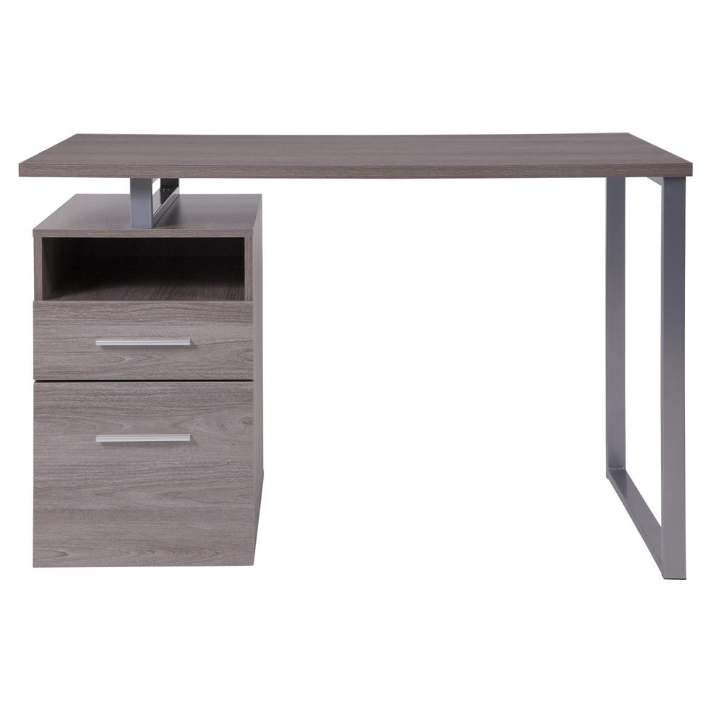 Light Ash Wood Grain Finish Computer Desk with Two Drawers and Silver Metal Frame. Picture 4