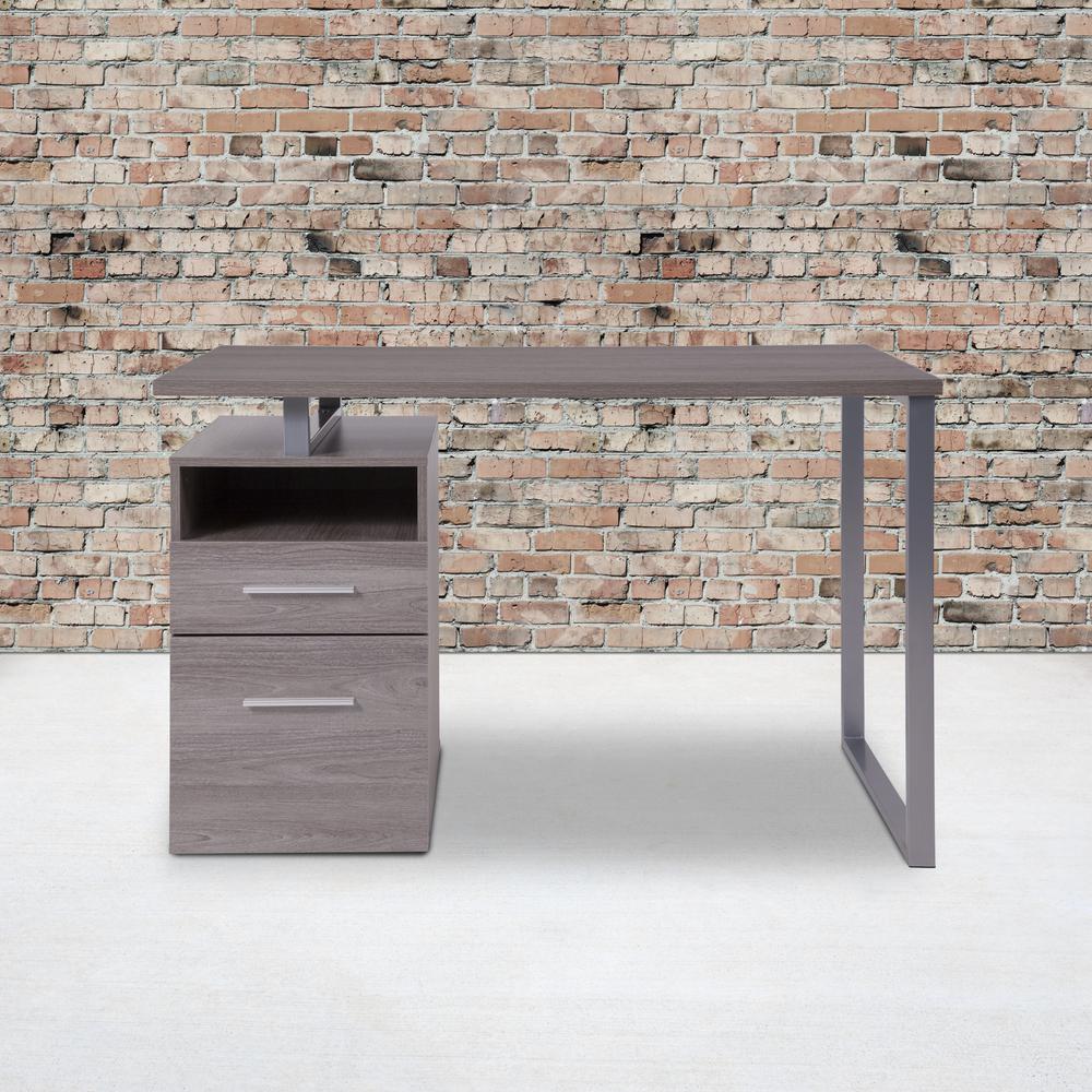 Light Ash Wood Grain Finish Computer Desk with Two Drawers and Silver Metal Frame. Picture 7