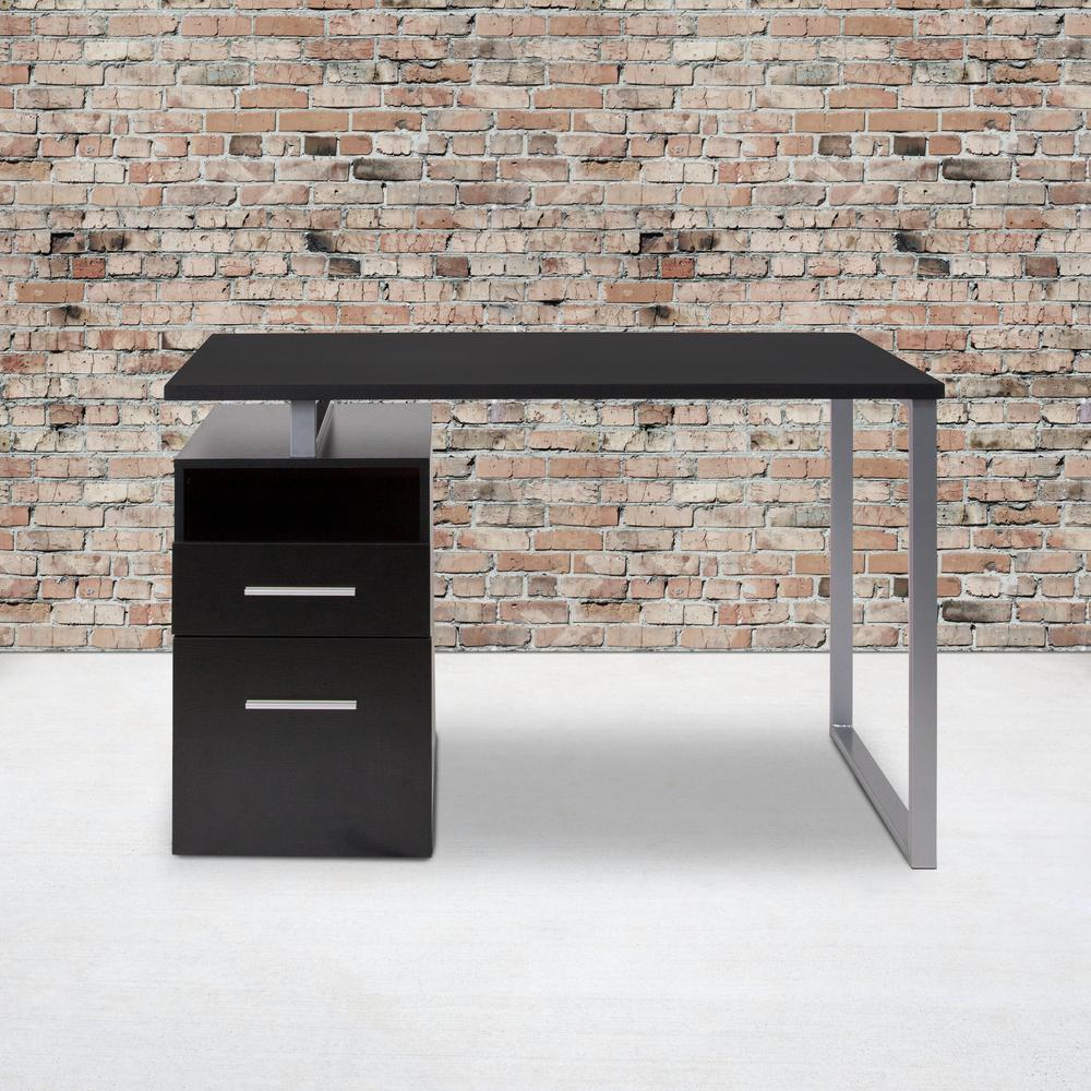 Dark Ash Wood Grain Finish Computer Desk with Two Drawers and Silver Metal Frame. Picture 6