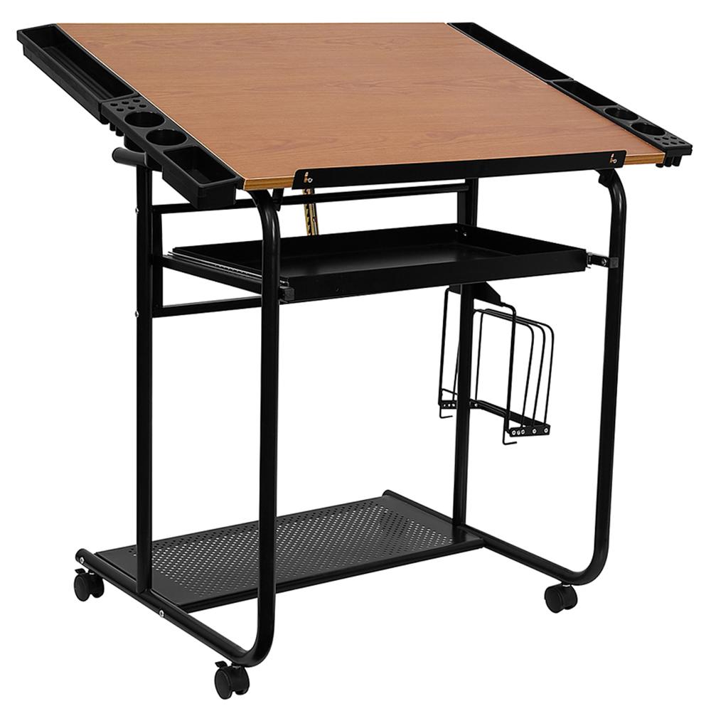 Adjustable Drawing and Drafting Table with Black Frame and Dual Wheel Casters. The main picture.