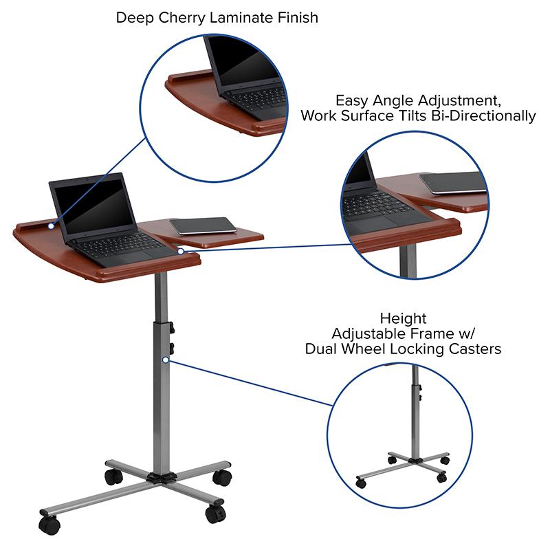 Angle and Height Adjustable Mobile Laptop Computer Table with Cherry Top. Picture 5