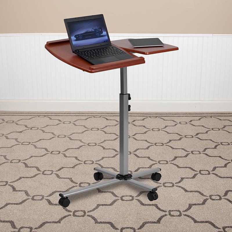 Angle and Height Adjustable Mobile Laptop Computer Table with Cherry Top. Picture 1