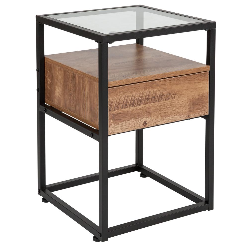 Glass End Table with Drawer and Shelf in Rustic Wood Grain Finish. Picture 1