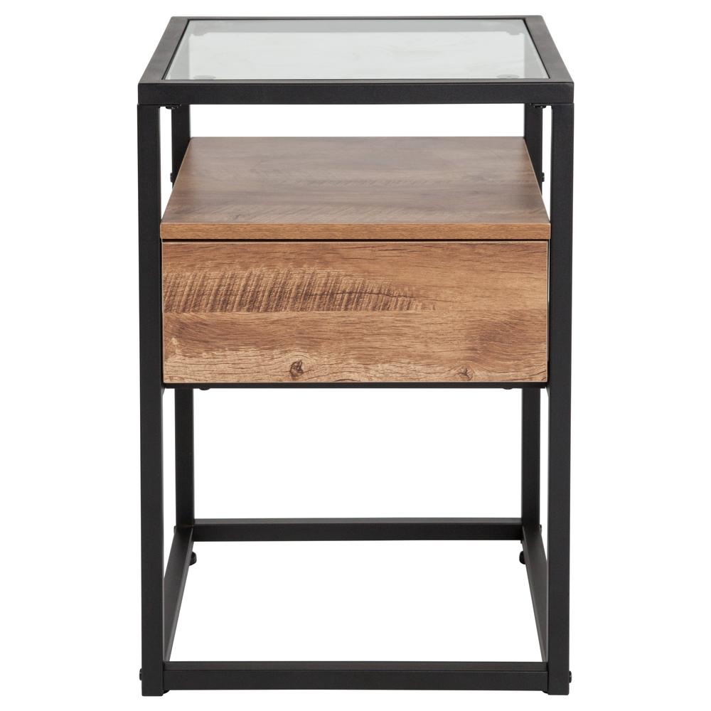 Glass End Table with Drawer and Shelf in Rustic Wood Grain Finish. Picture 2