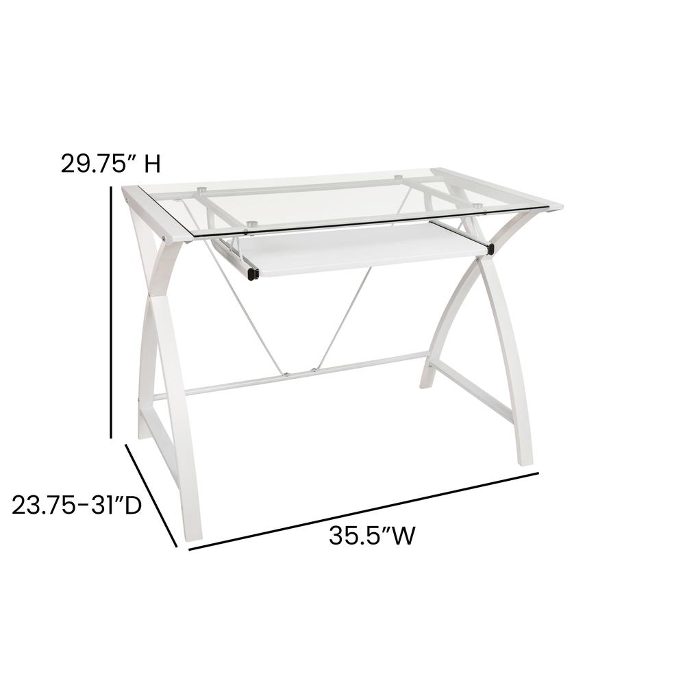 Clear Tempered Glass Computer Desk with White Pull-Out Keyboard Tray and White Crisscross Frame. Picture 5