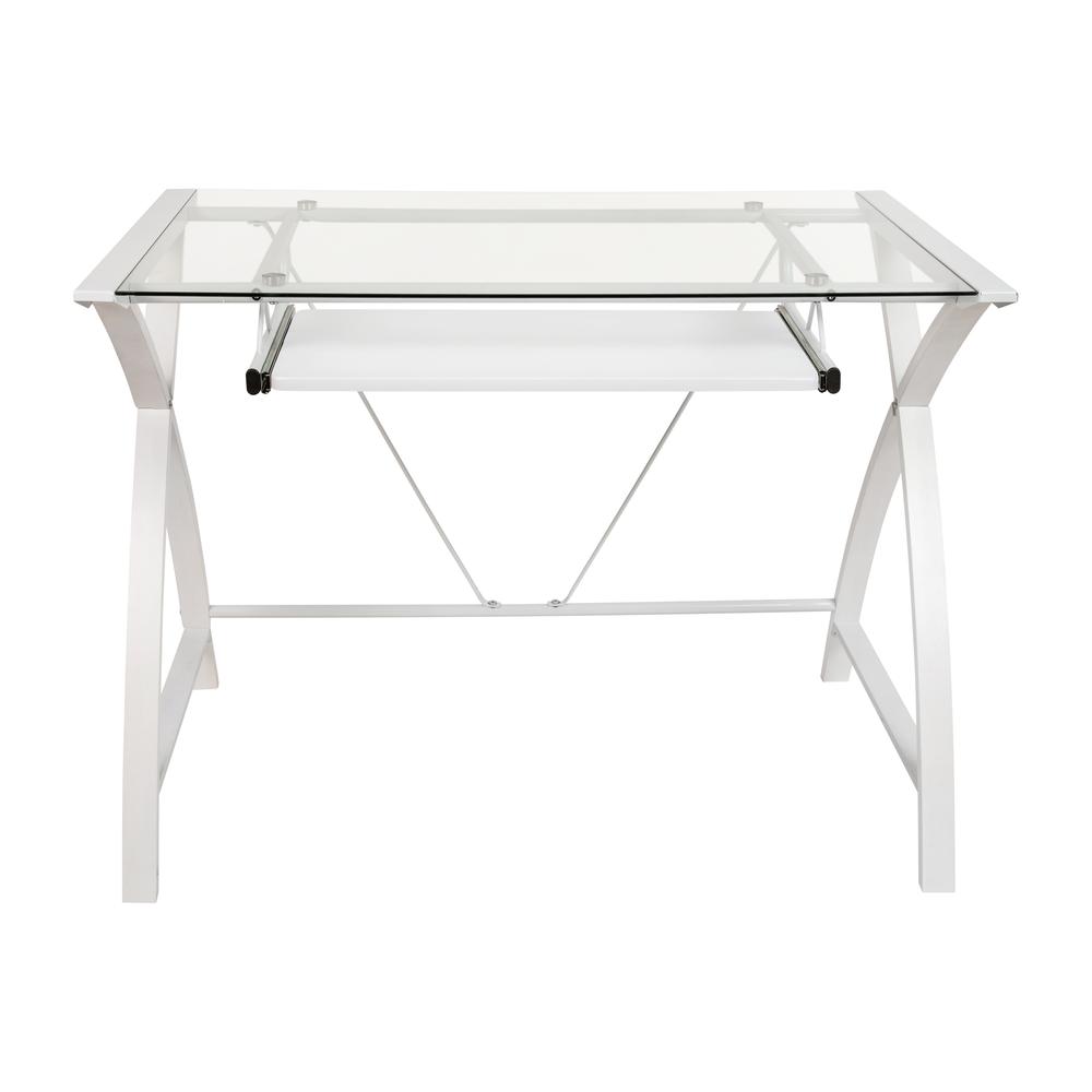 Clear Tempered Glass Computer Desk with White Pull-Out Keyboard Tray and White Crisscross Frame. Picture 9