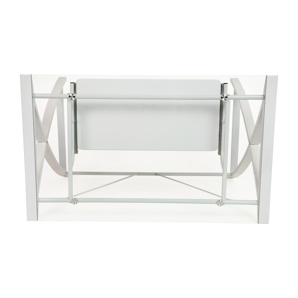 Clear Tempered Glass Computer Desk with White Pull-Out Keyboard Tray and White Crisscross Frame. Picture 10