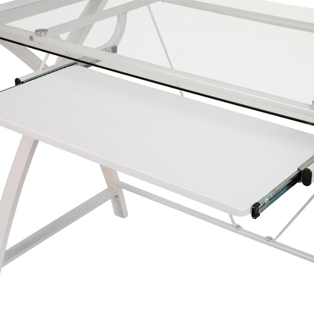 Clear Tempered Glass Computer Desk with White Pull-Out Keyboard Tray and White Crisscross Frame. Picture 7