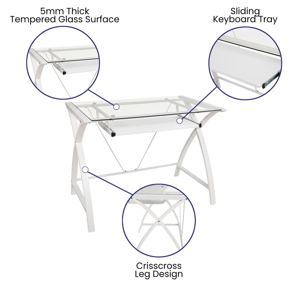 Clear Tempered Glass Computer Desk with White Pull-Out Keyboard Tray and White Crisscross Frame. Picture 4