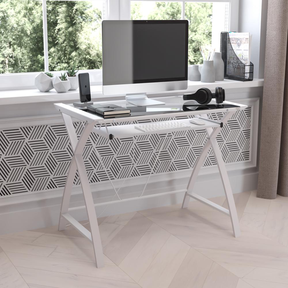 Clear Tempered Glass Computer Desk with White Pull-Out Keyboard Tray and White Crisscross Frame. Picture 2