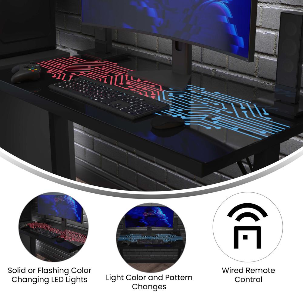 43" Gaming Desk with LED Lights, Tempered Glass Desktop, Black. Picture 4