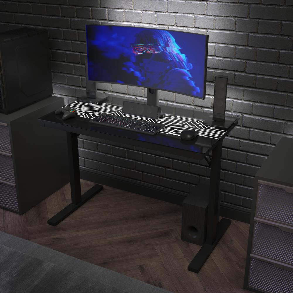 43" Gaming Desk with LED Lights, Tempered Glass Desktop, Black. Picture 1