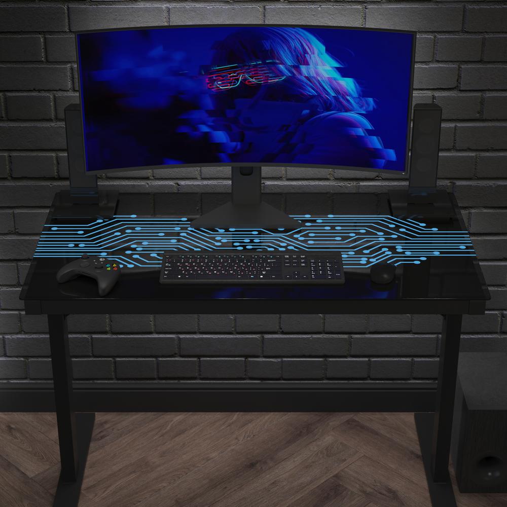 43" Gaming Desk with LED Lights, Tempered Glass Desktop, Black. Picture 7