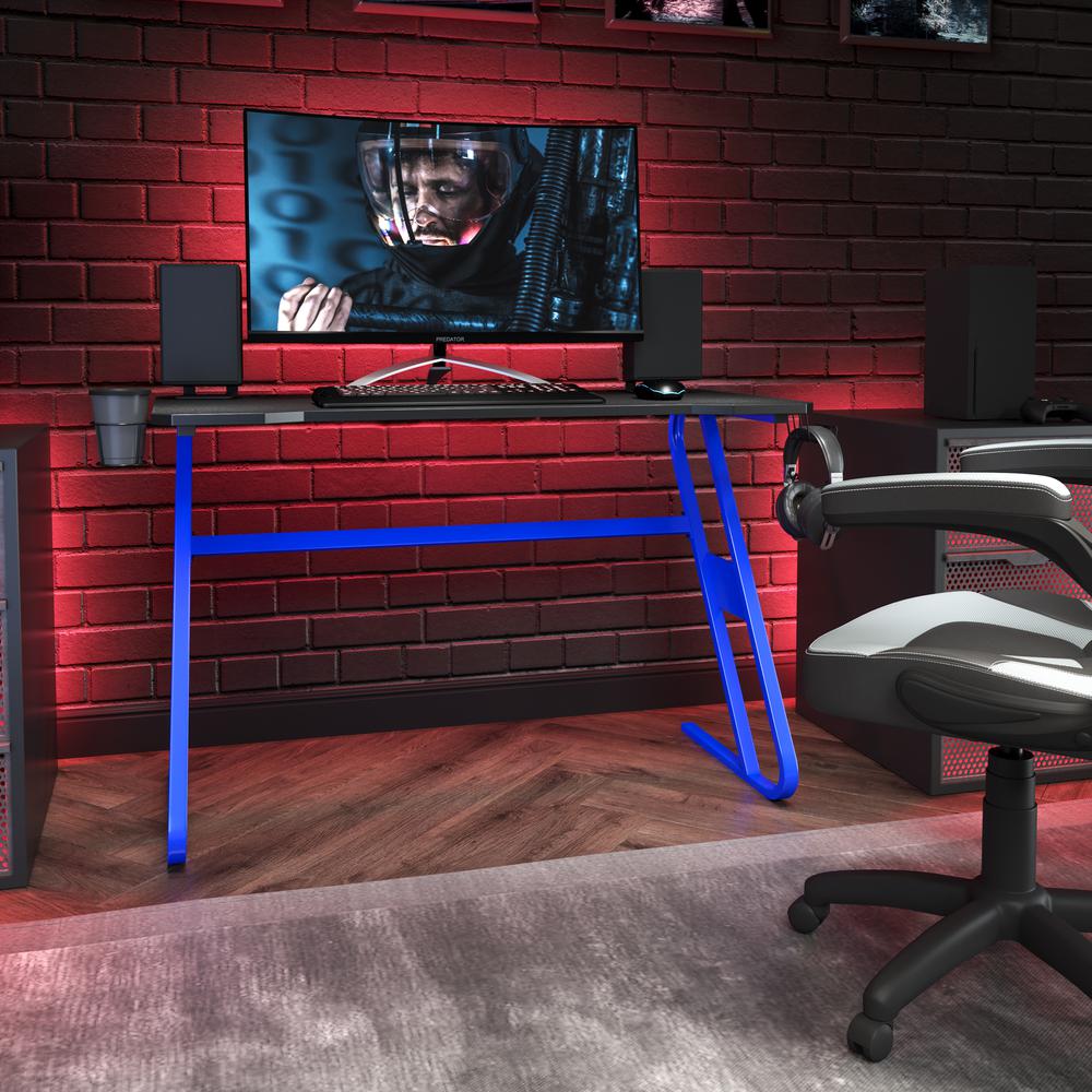 Blue Gaming Ergonomic Desk with Cup Holder and Headphone Hook. Picture 1