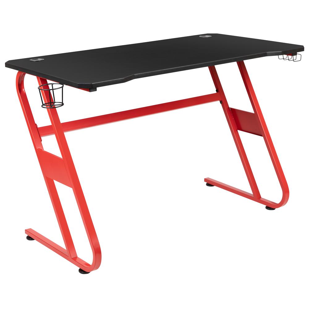 Red Gaming Ergonomic Desk with Cup Holder and Headphone Hook. Picture 1