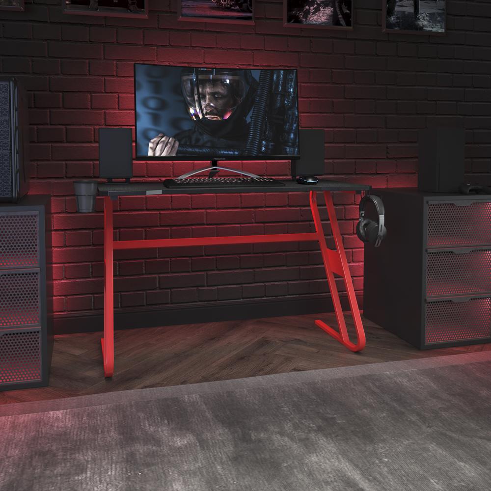 Red Gaming Ergonomic Desk with Cup Holder and Headphone Hook. Picture 2