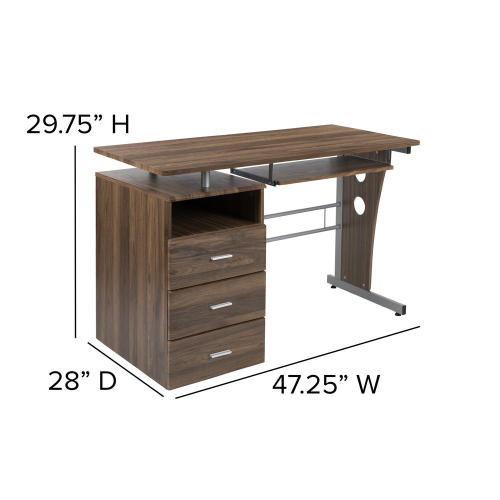 Rustic Walnut Desk with Three Drawer Pedestal and Pull-Out Keyboard Tray. Picture 2