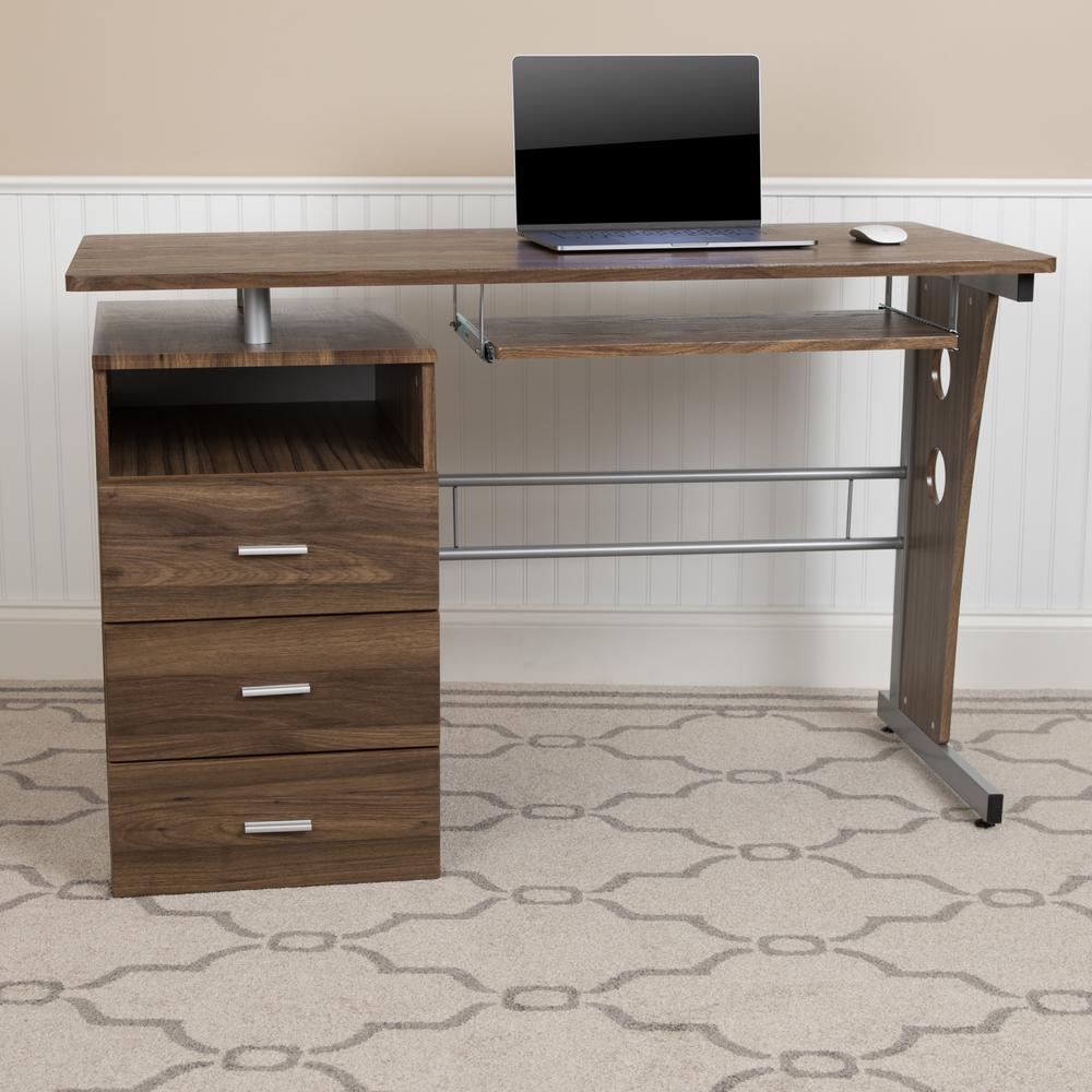 Rustic Walnut Desk with Three Drawer Pedestal and Pull-Out Keyboard Tray. Picture 9
