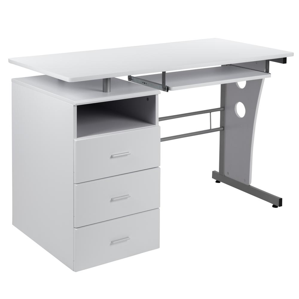 White Desk with Three Drawer Pedestal and Pull-Out Keyboard Tray. Picture 1
