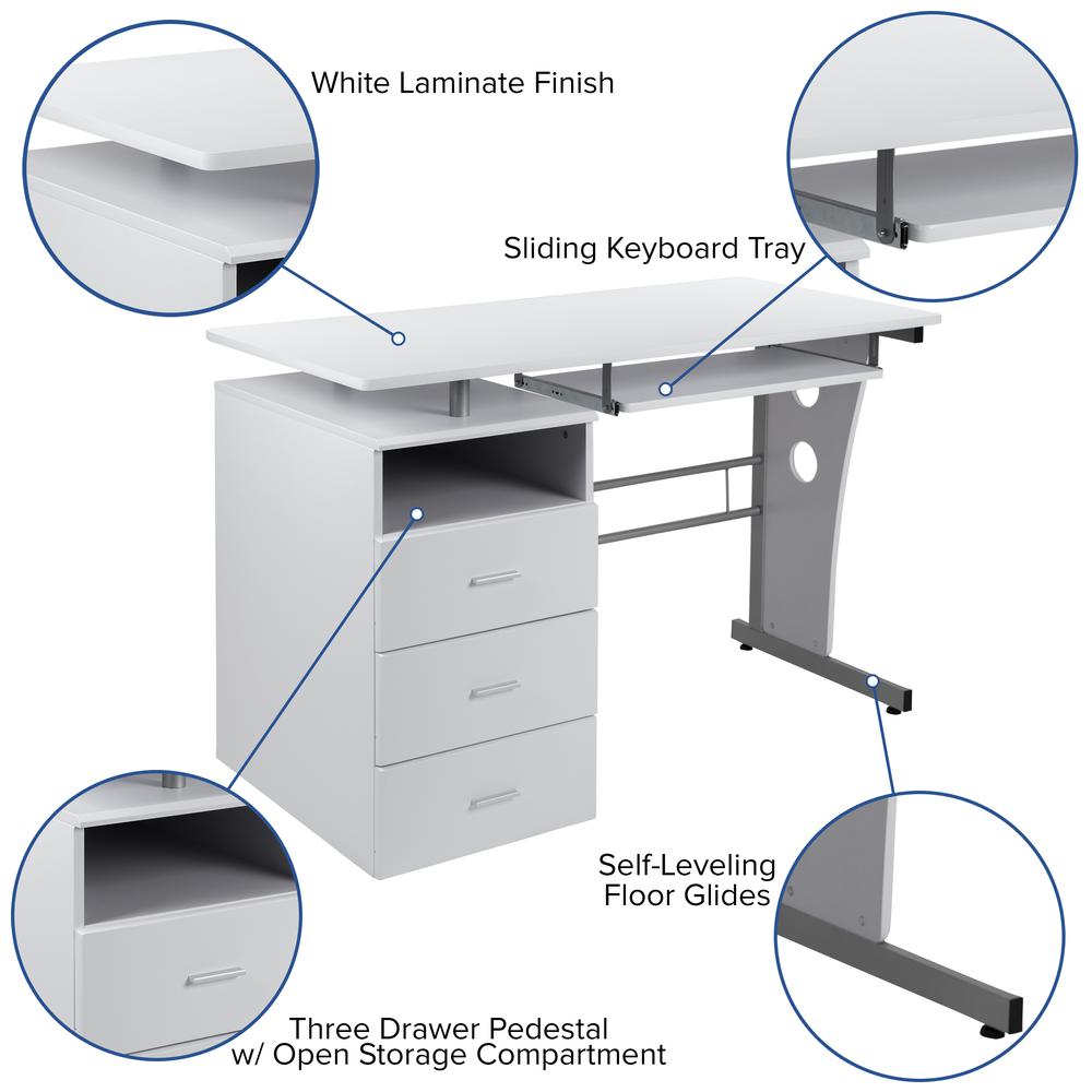 White Desk with Three Drawer Pedestal and Pull-Out Keyboard Tray. Picture 5