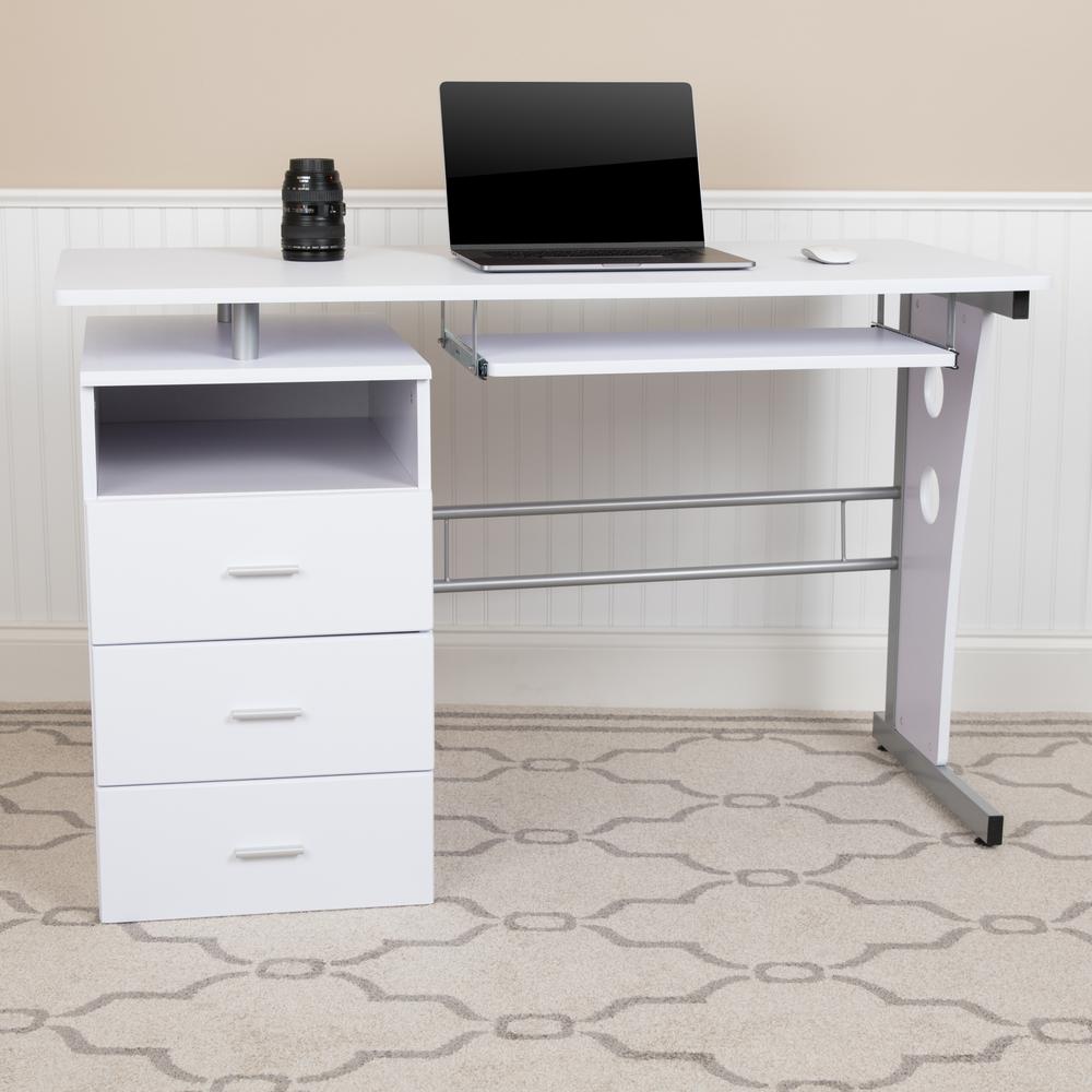 White Desk with Three Drawer Pedestal and Pull-Out Keyboard Tray. Picture 9