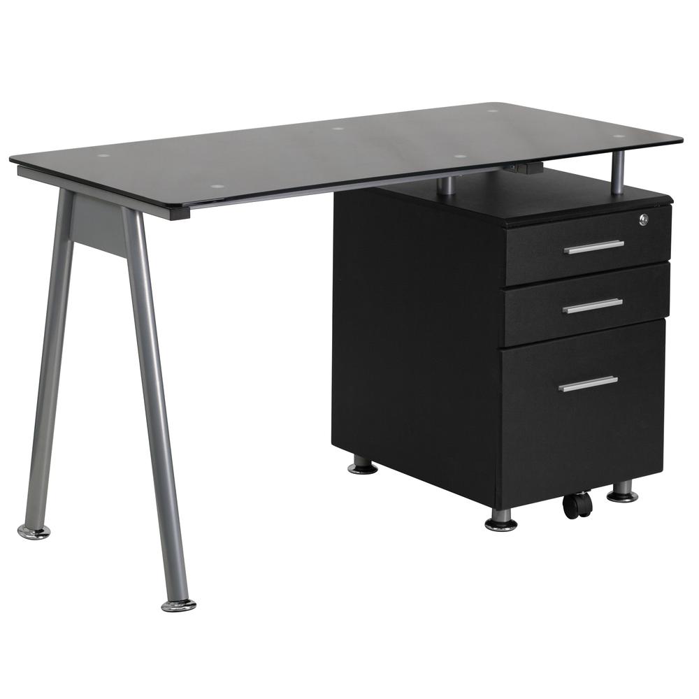 Black Glass Computer Desk with Three Drawer Pedestal. Picture 1