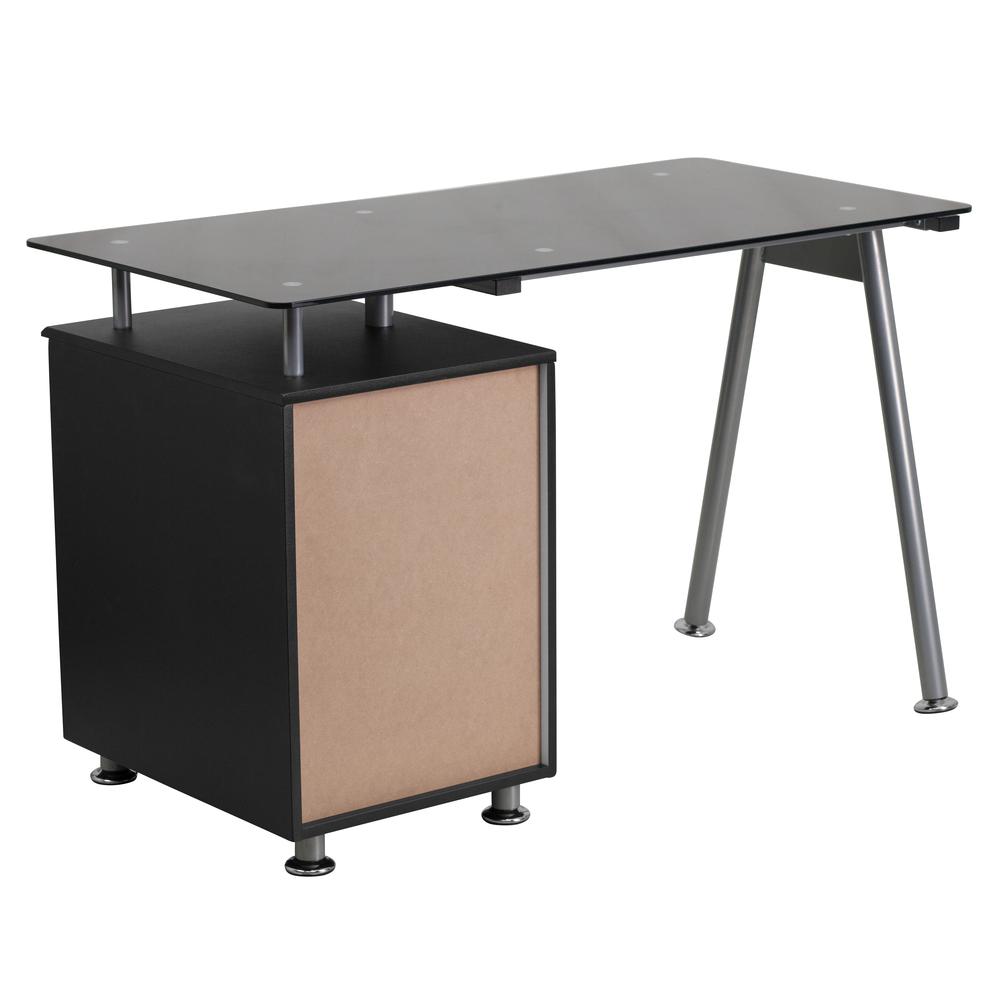 Black Glass Computer Desk with Three Drawer Pedestal. Picture 2