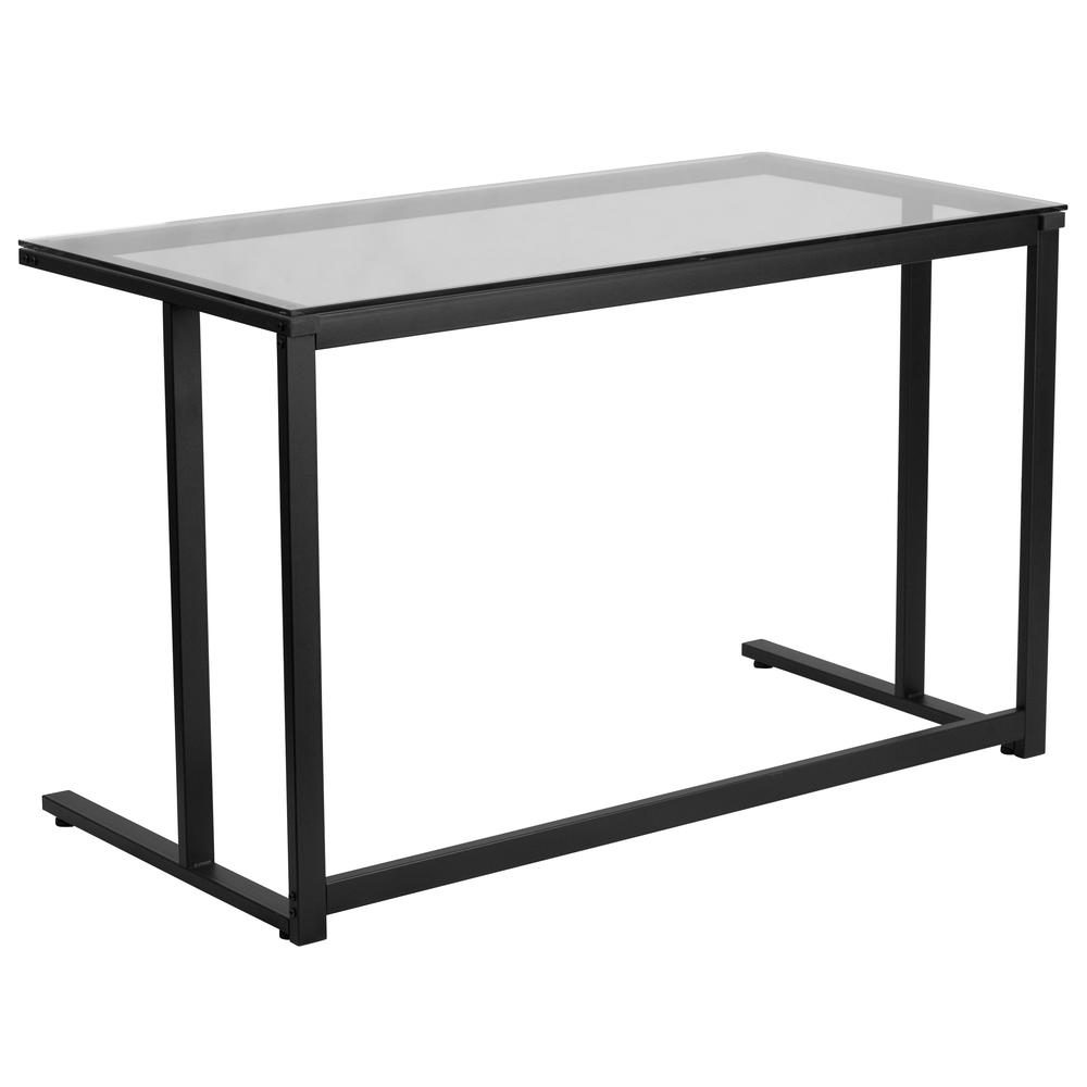 Glass Desk with Black Pedestal Metal Frame. Picture 1