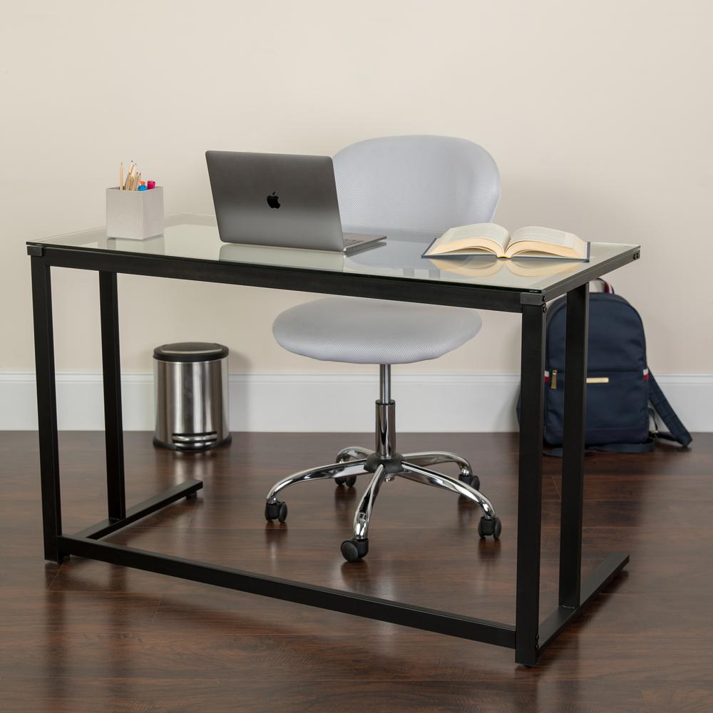 Glass Desk with Black Pedestal Metal Frame. Picture 6
