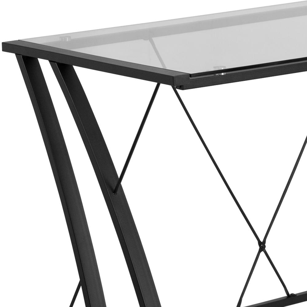 Glass L-Shape Computer Desk with Black Metal Frame. Picture 3