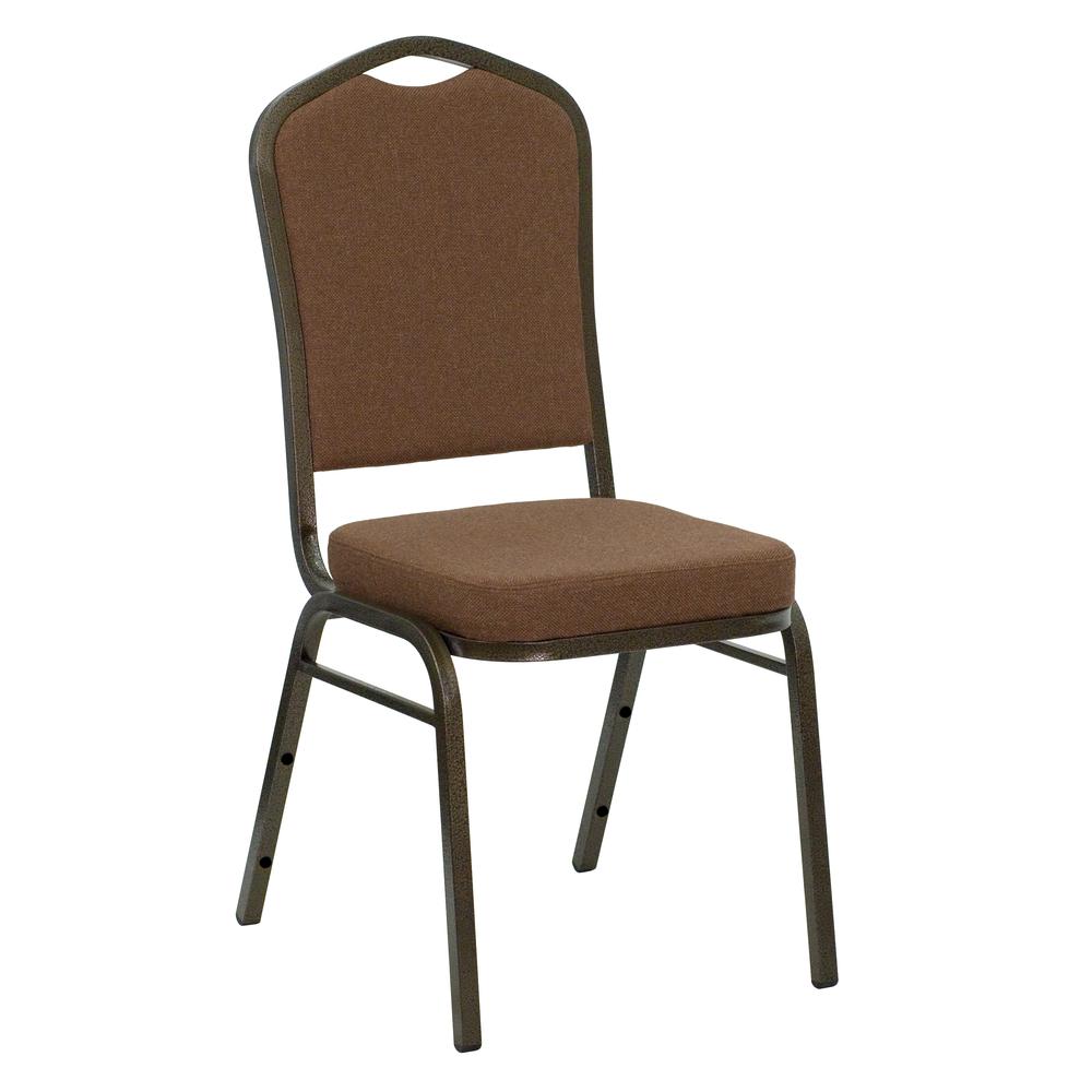 HERCULES Series Crown Back Stacking Banquet Chair in Coffee Fabric - Gold Vein Frame. Picture 1