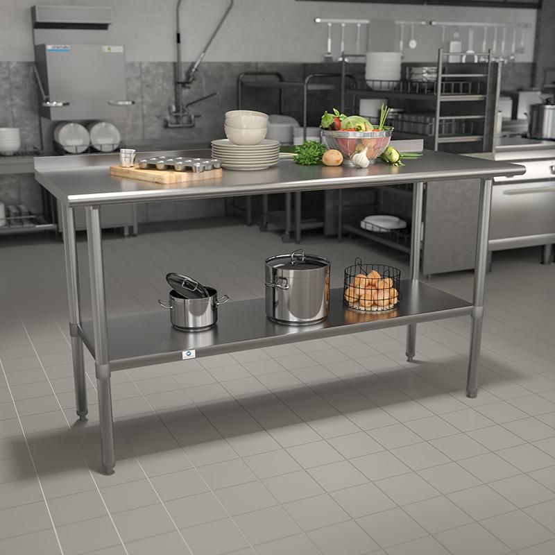 Stainless Steel 18 Gauge Work Table with 1.5" Backsplash and Undershelf - NSF Certified - 60"W x 24"D x 36"H. Picture 1