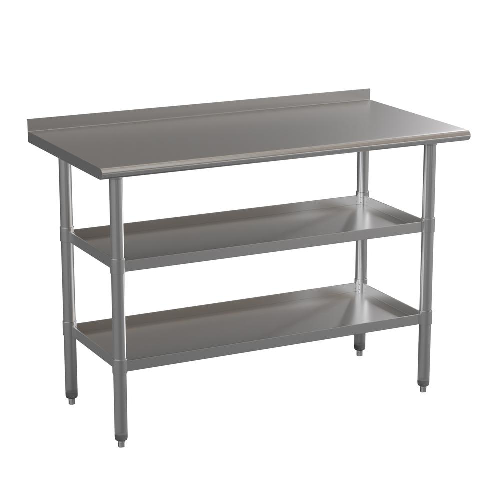Stainless Steel 18 Gauge Work Table with 1.5" Backsplash and 2 Undershelves. Picture 1