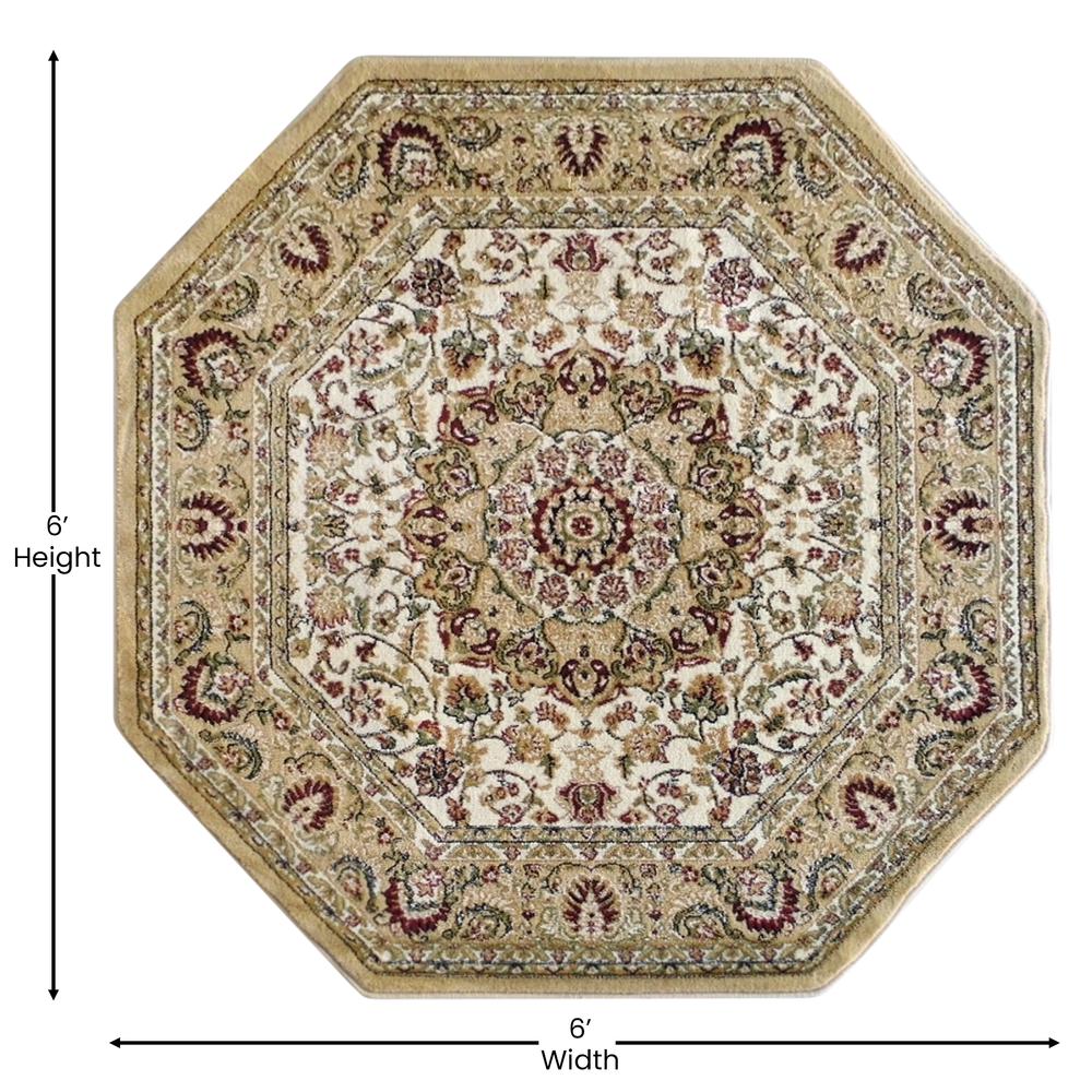 Mersin Collection Persian Style 5x5 Ivory Octagon Area Rug-Olefin Rug with Jute Backing-Hallway, Entryway, Bedroom, Living Room. Picture 4