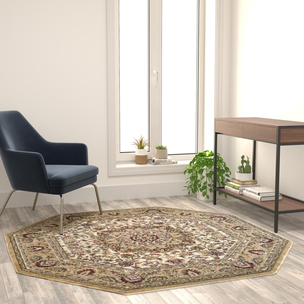 Mersin Collection Persian Style 5x5 Ivory Octagon Area Rug-Olefin Rug with Jute Backing-Hallway, Entryway, Bedroom, Living Room. Picture 2