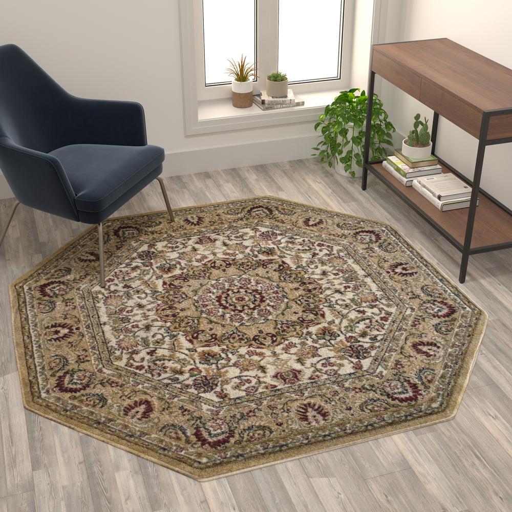 Mersin Collection Persian Style 5x5 Ivory Octagon Area Rug-Olefin Rug with Jute Backing-Hallway, Entryway, Bedroom, Living Room. Picture 5