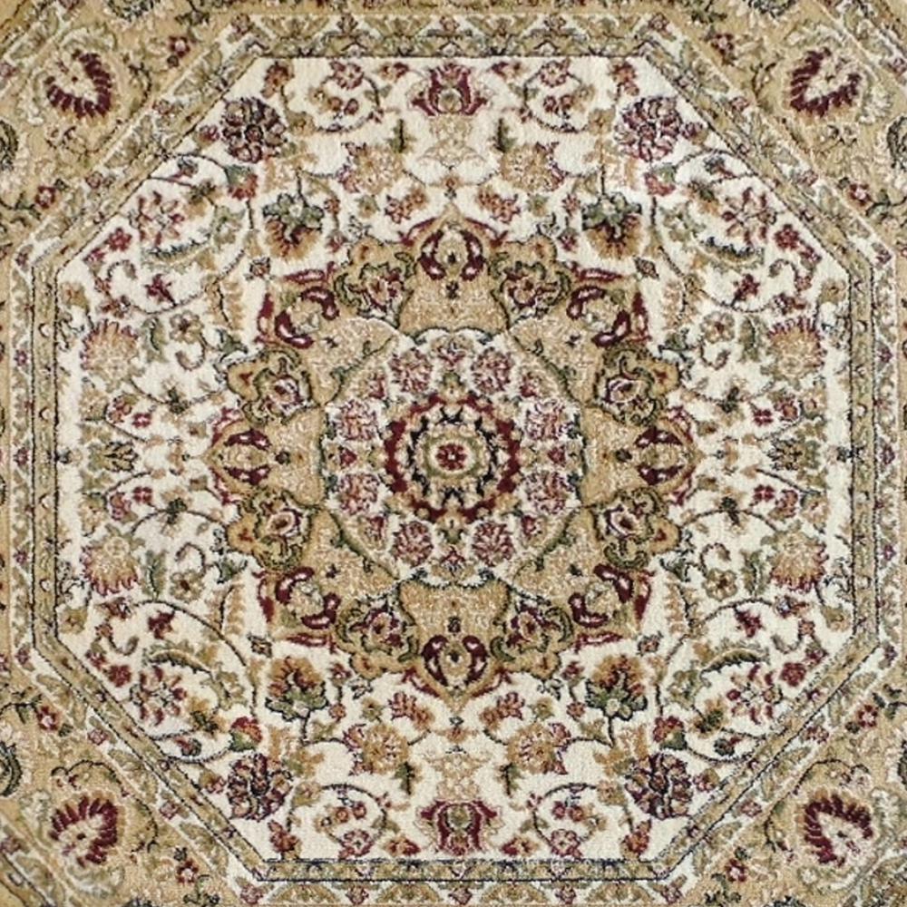 Mersin Collection Persian Style 5x5 Ivory Octagon Area Rug-Olefin Rug with Jute Backing-Hallway, Entryway, Bedroom, Living Room. Picture 7