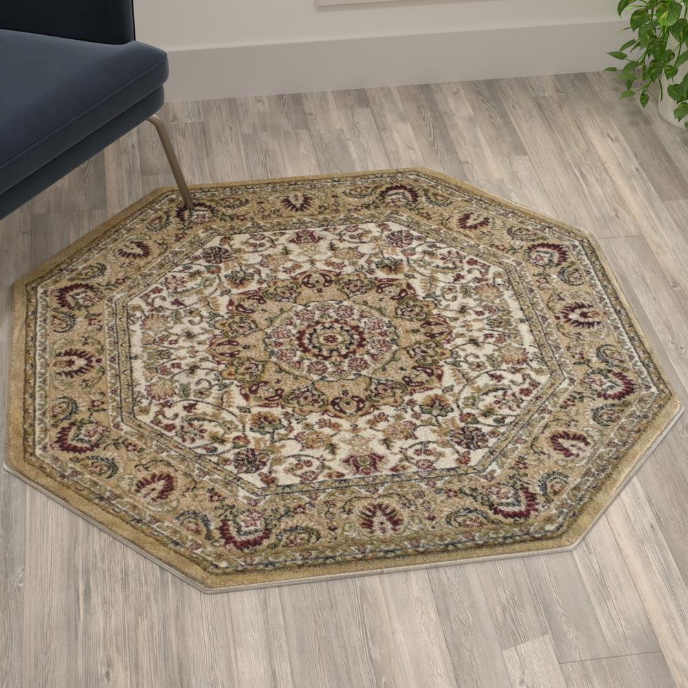 Persian 4x4 Ivory Octagon Area Rug-Olefin Rug with Jute Backing. Picture 2