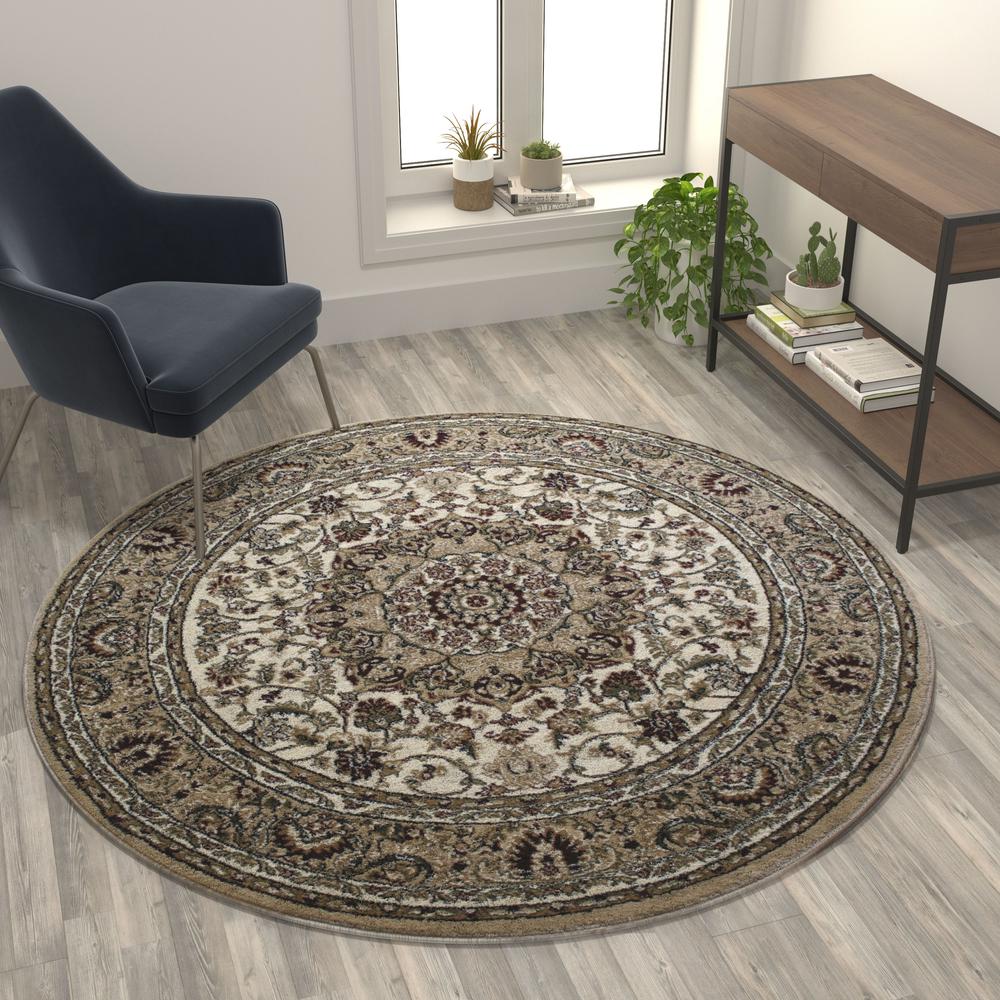 Mersin Collection Persian Style 5x5 Ivory Round Area Rug-Olefin Rug with Jute Backing-Hallway, Entryway, Bedroom, Living Room. Picture 5