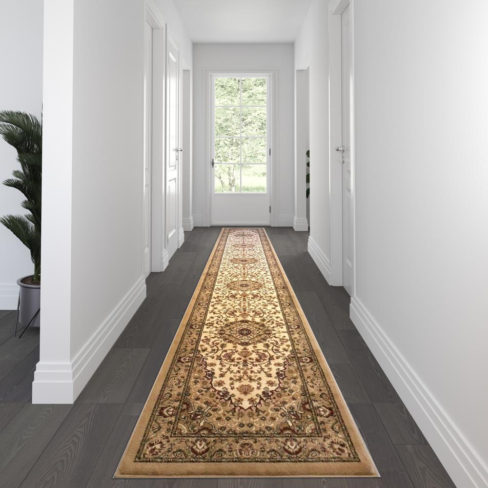 Mersin Collection Persian Style 3' x 20' Ivory Area Rug - Olefin Rug with Jute Backing - Hallway, Entryway, Bedroom, Living Room. Picture 2