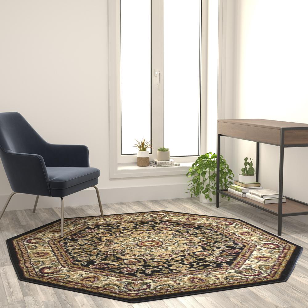 Persian 5x5 Black Octagon Area Rug-Olefin Rug with Jute Backing. Picture 2