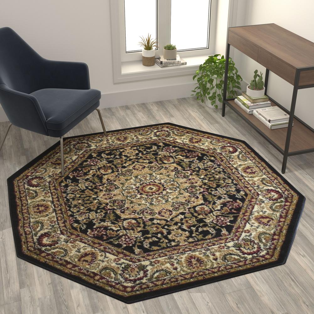 Persian 5x5 Black Octagon Area Rug-Olefin Rug with Jute Backing. Picture 5