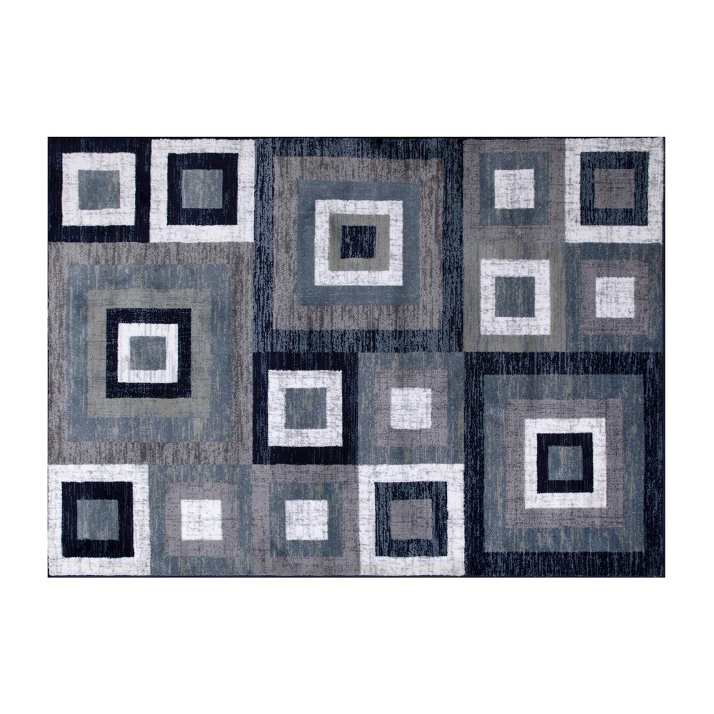 Geometric 5' x 7' Blue, Grey, and White Olefin Area Rug with Cotton Backing. Picture 2