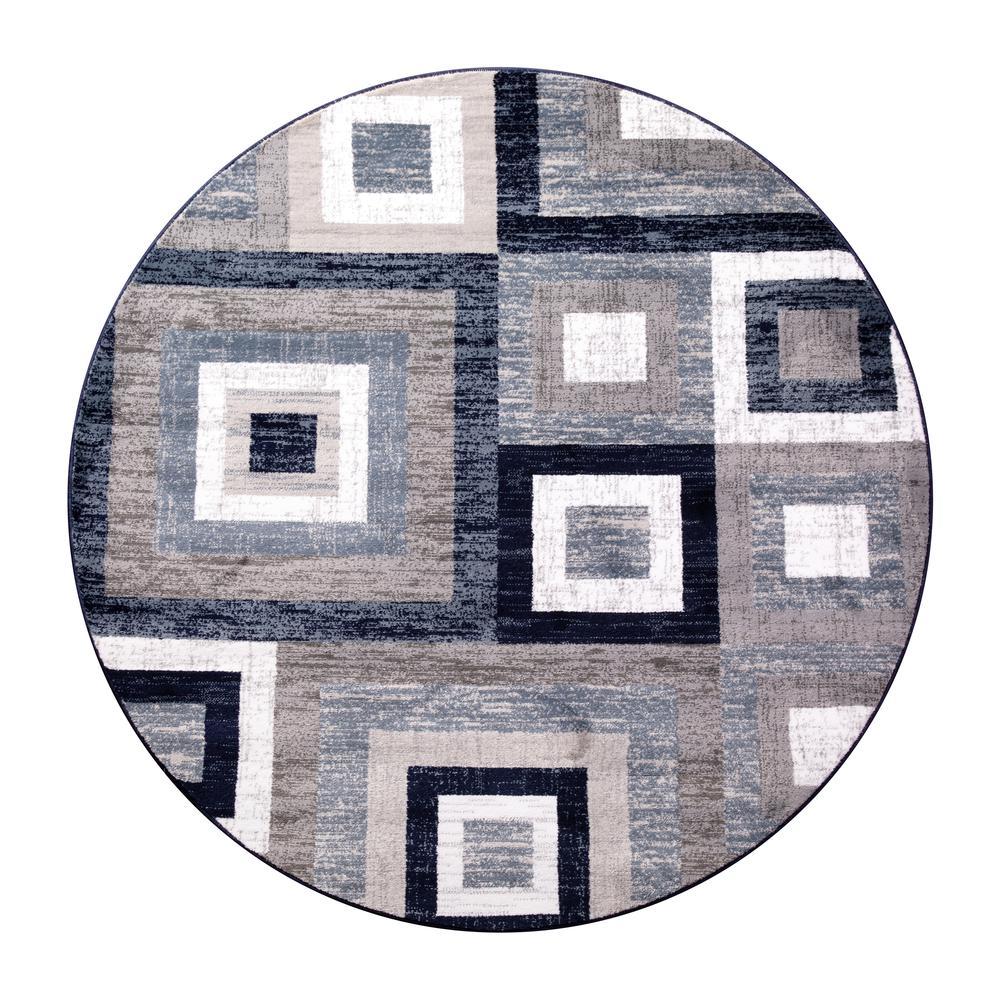 Geometric 5' x 5' Blue, Grey, and White Round Olefin Area Rug. Picture 2