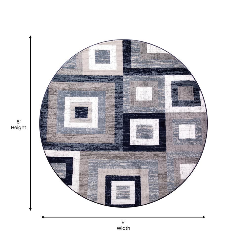 Geometric 5' x 5' Blue, Grey, and White Round Olefin Area Rug. Picture 5