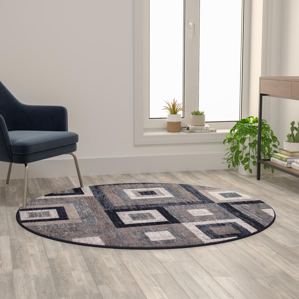 Geometric 5' x 5' Blue, Grey, and White Round Olefin Area Rug. Picture 1